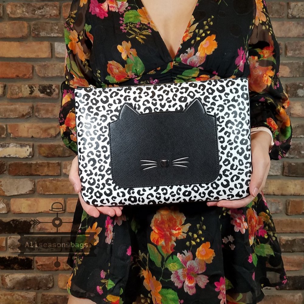 Kate Spade Meow Cat Large Zip Pouch Clutch Black Multi Leopard ANIMAL Print NEW